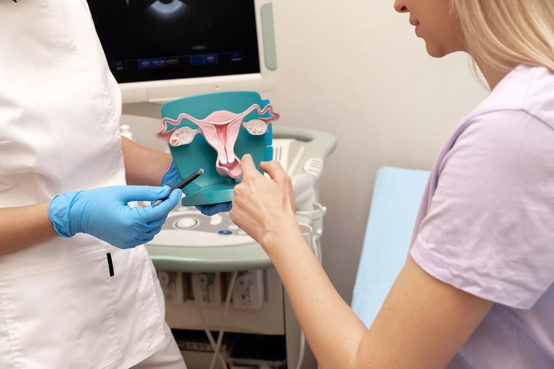 Médica mostrando modelo anatômico de útero para paciente mulher