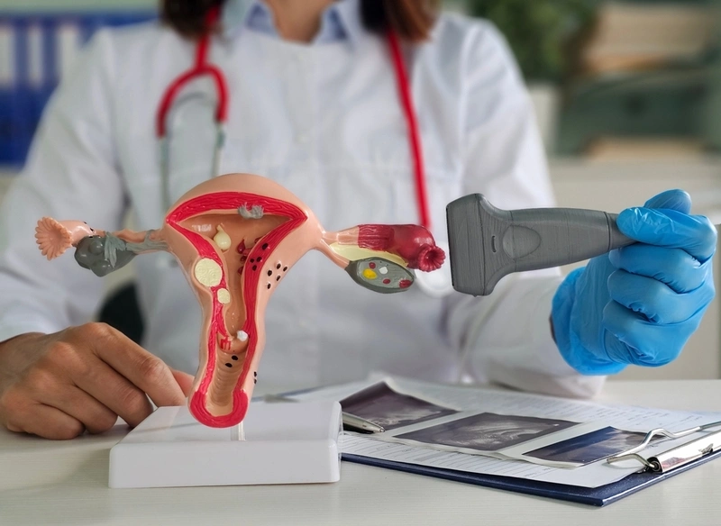 Médico demonstra exame de ultrassom do sistema reprodutivo feminino. Ultrassom do útero, gravidez, oncologia e diagnóstico de cistos.