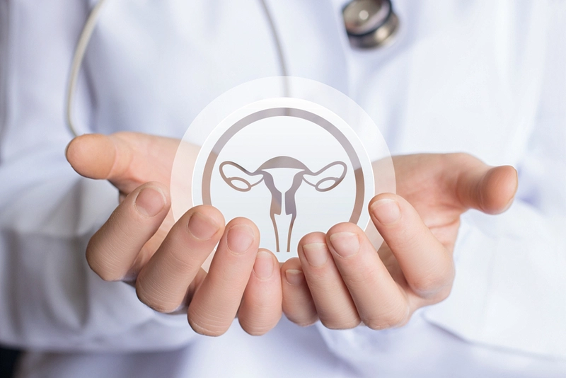 Médica segurando imagem ilustrativa de um útero